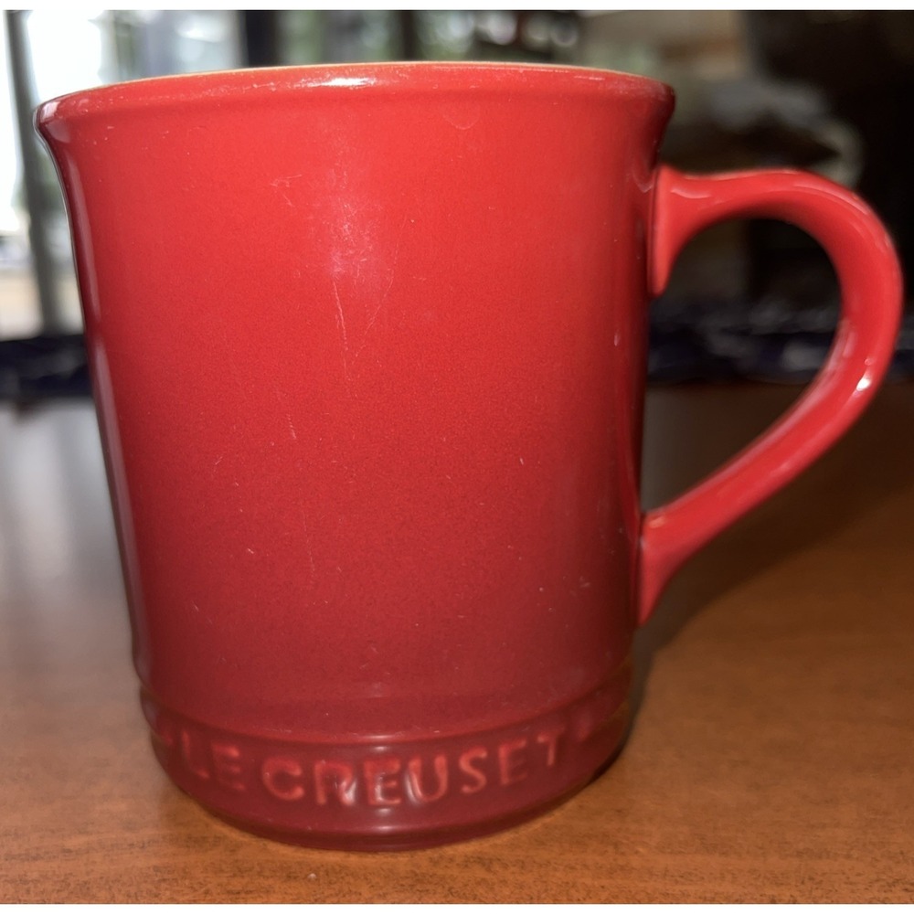 Le Creuset Cerise Red Stoneware Coffee Mug Embossed Logo 12oz